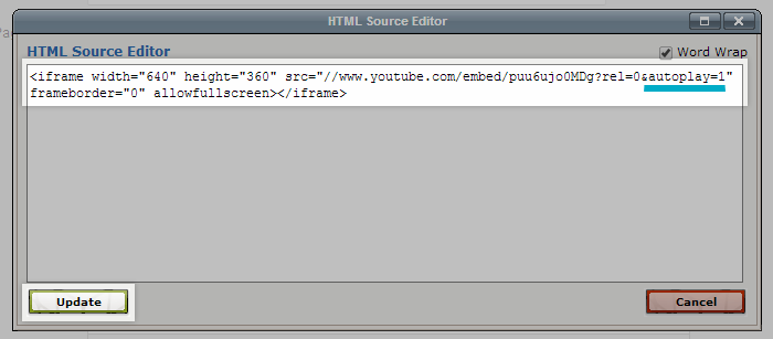 The HTML Source editor with the Update button in the lower left highlighted