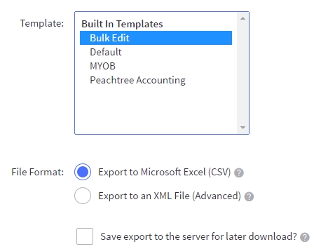 Export Products showing Export Templates and File Format Options