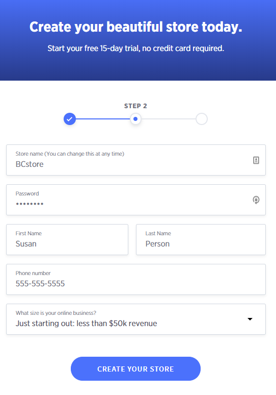 The BigCommerce new trial store form