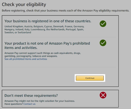 Eligibility check screen with the Continue button highlighted