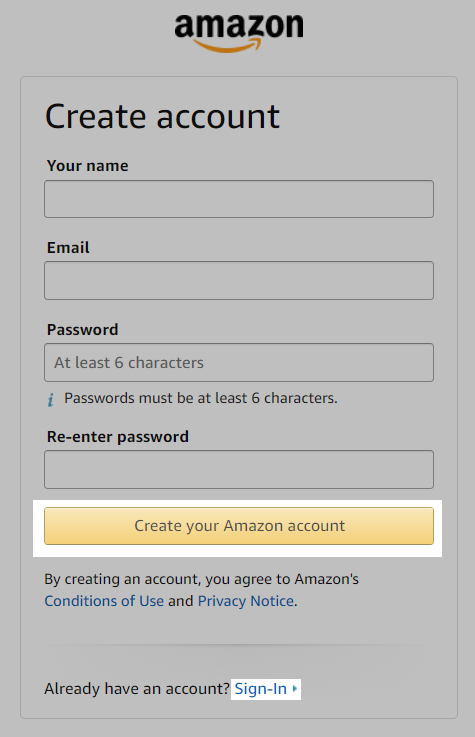 Fill in the form to create a new Amazon account, or log in with an existing account.