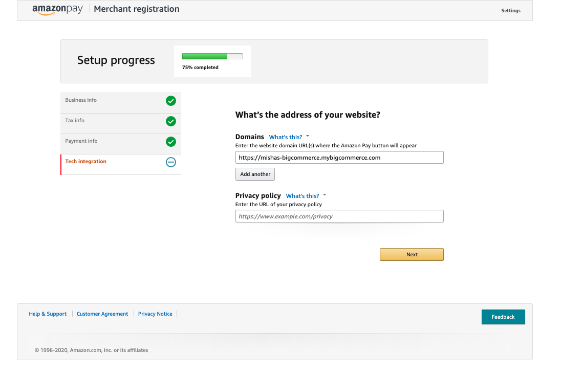Amazon Pay setup screen showing fields for Domains (filled in automatically) and Privacy Policy