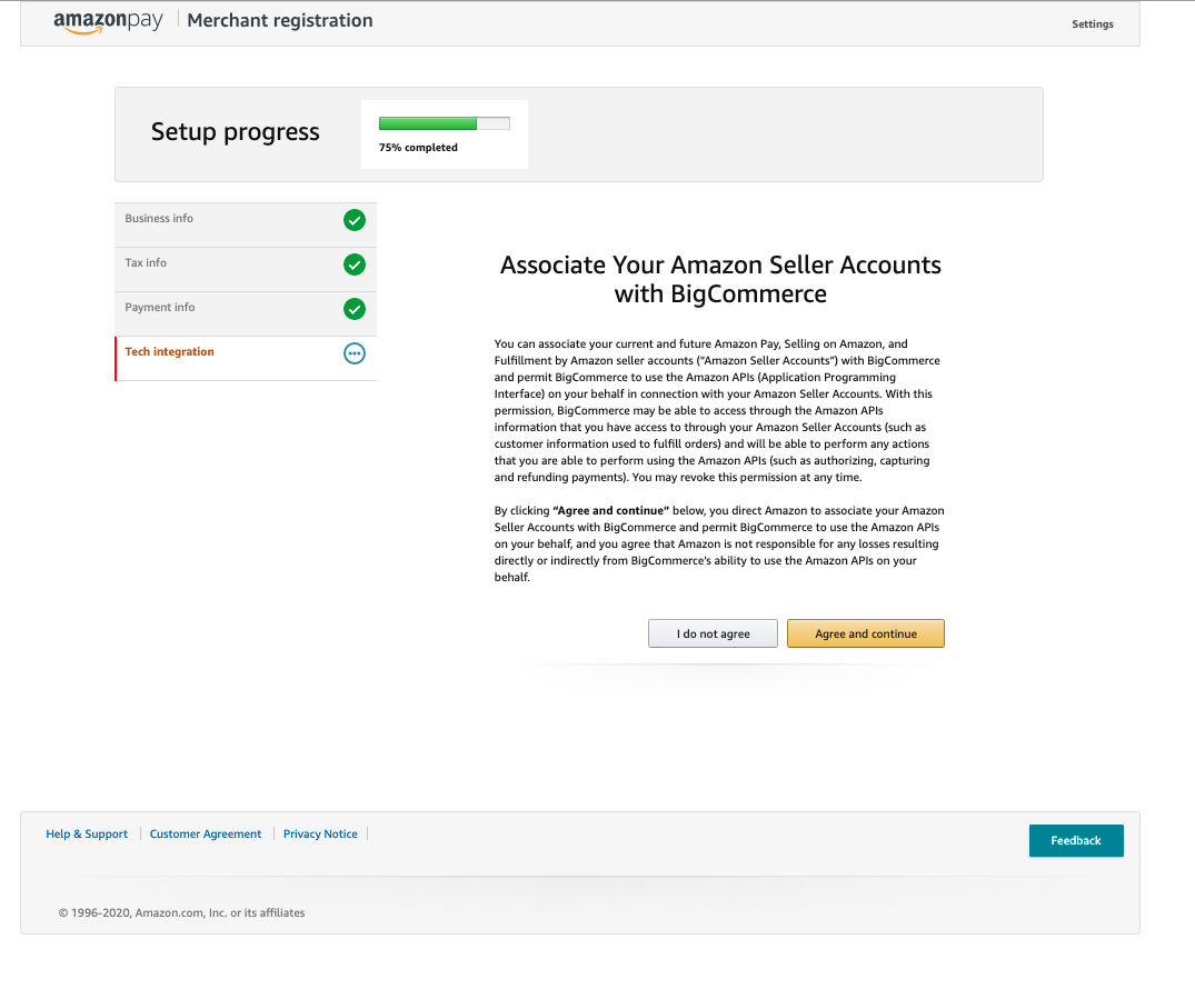 Amazon Pay setup screen asking permission to associate Amazon Seller Account with BigCommerce store