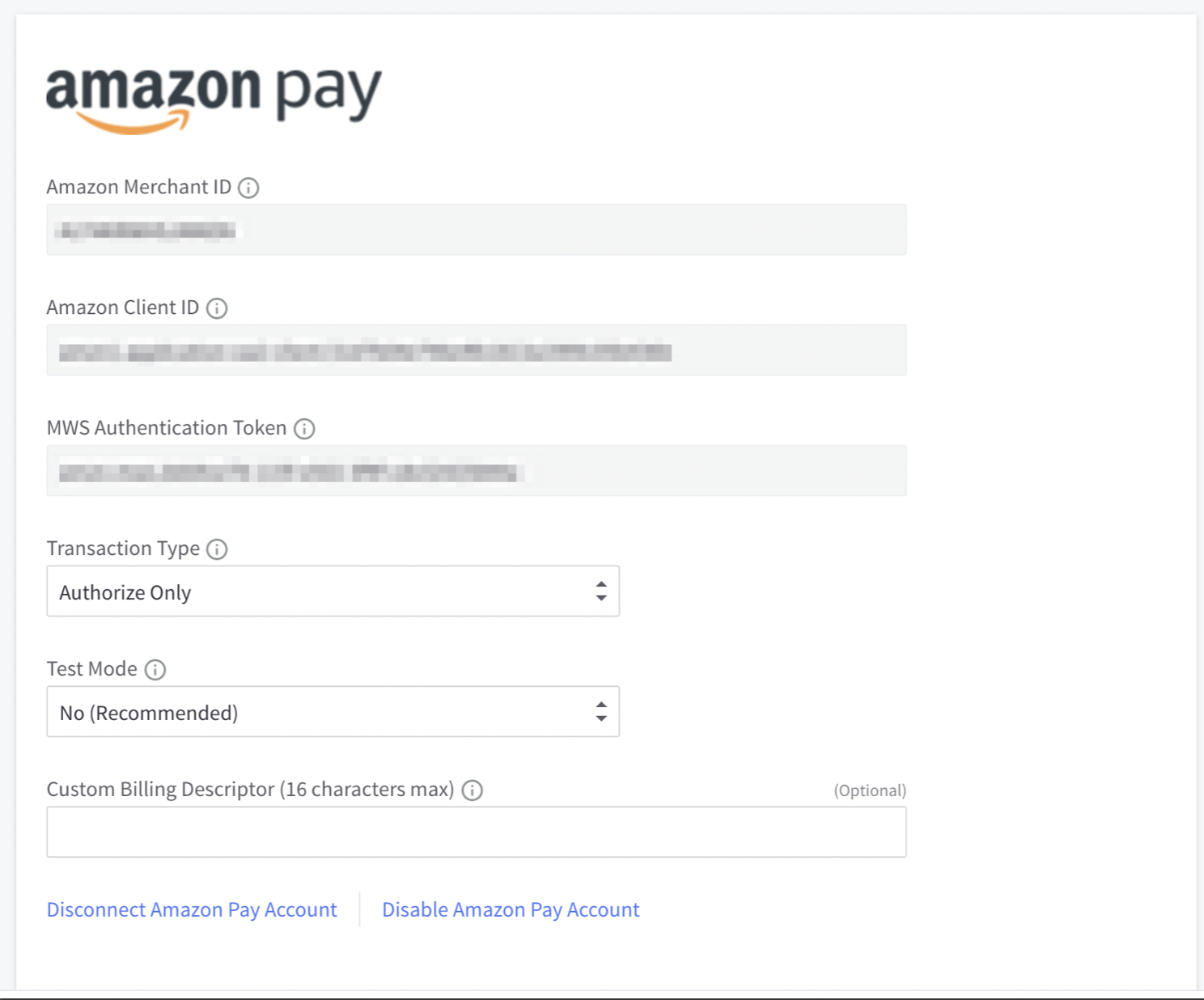 The Amazon Pay settings screen in BigCommerce with Merchant ID, Client ID, and MWS Authentication Token fields filled in