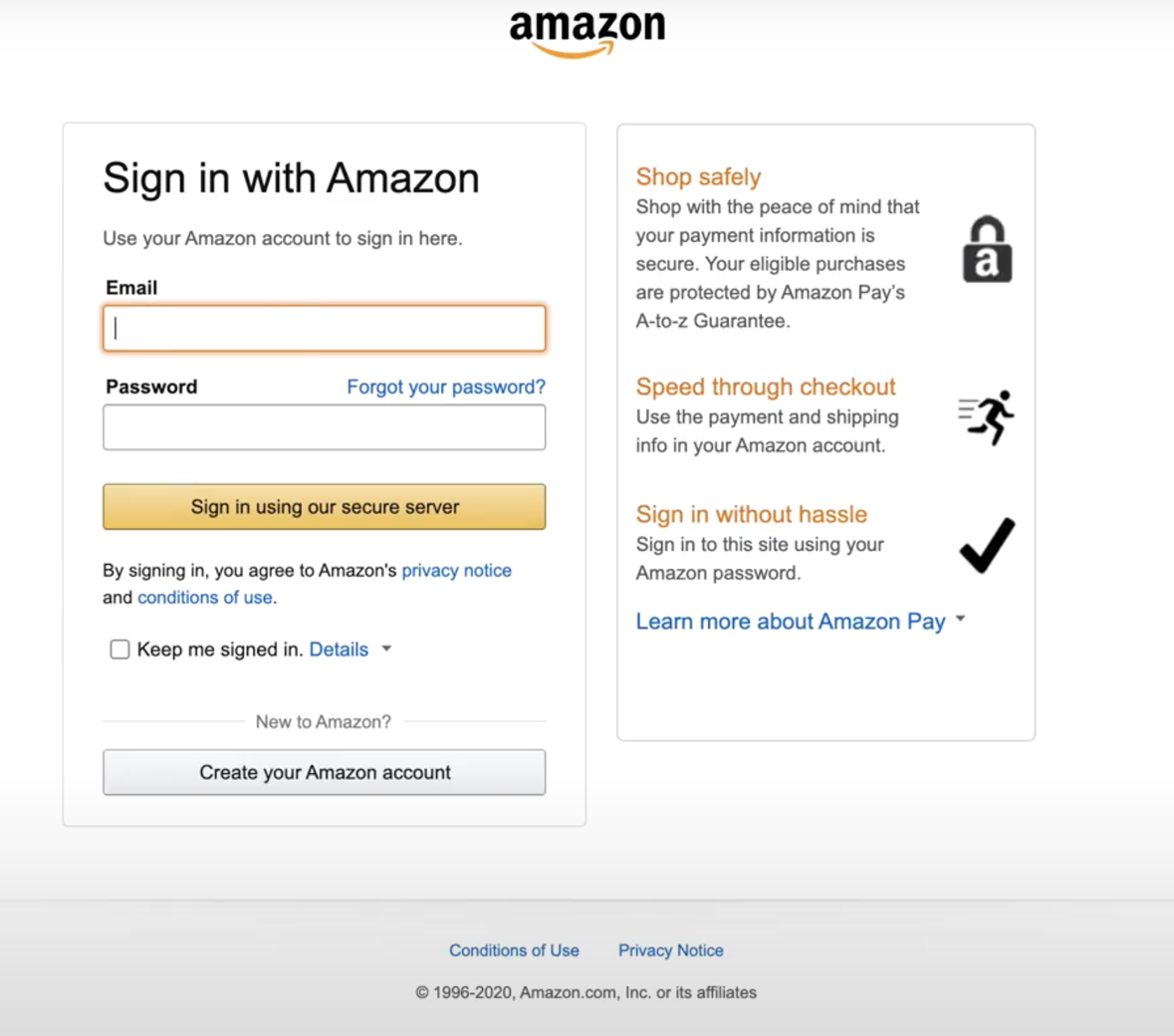 The sign in page for customers sigining in to their Amazon account