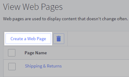 Create a Web Page button highlighted on the View Web Pages screen