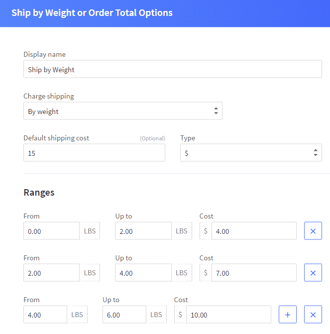 Ship by weight or order total options popup