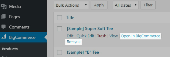 Open in BigCommerce link highlighted on the Products list page in WordPress control panel