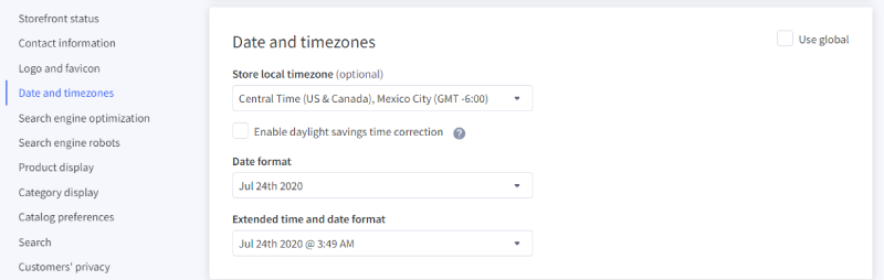 Storefront-specific date and timezone settings